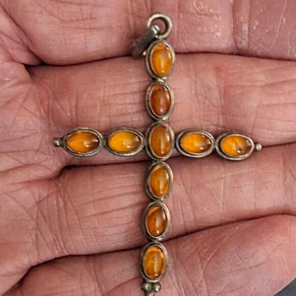 Vintage Sterling 2” Christian Amber Stones Cross Pendant - Picture 1 of 5
